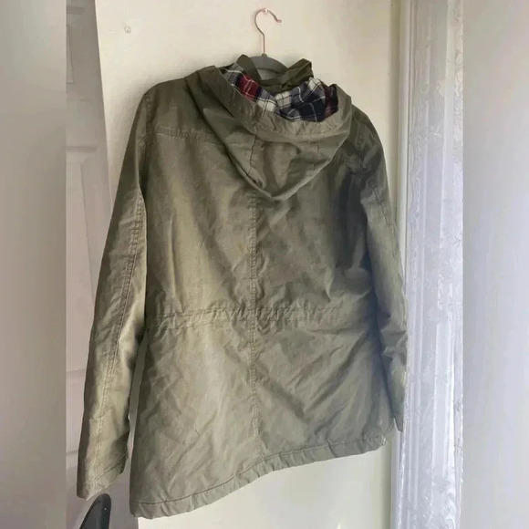 Women’s Utility Jacket Coat Army Green with Hood Flannel Insert Brass Buttons - Picture 8 of 9